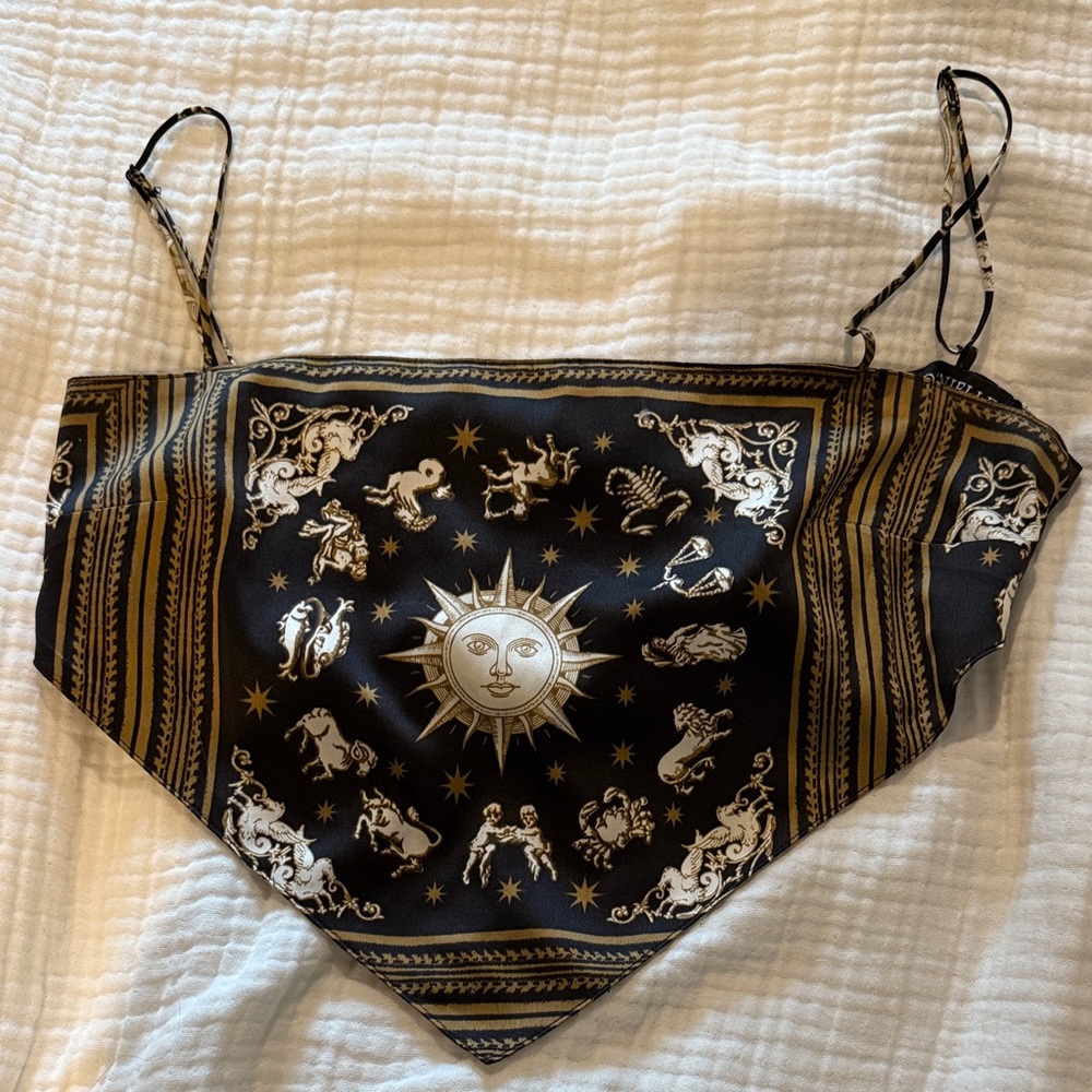 Danielle Bernstein WeWoreWhat Black and Gold Celestial Scarf Top